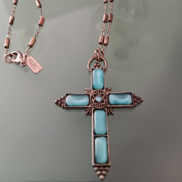 1928 JEWELRY SYMBOLS OF FAITH Dark Silver Aqua Blue Moonstone Cross Necklace - Picture 3 of 6